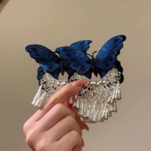קליפס שיער כסף וינטג' עם פרפר כחול ופעמון