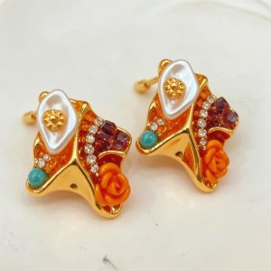 עגילי פרח וינטג' זהב עם פנינה וקריסטל